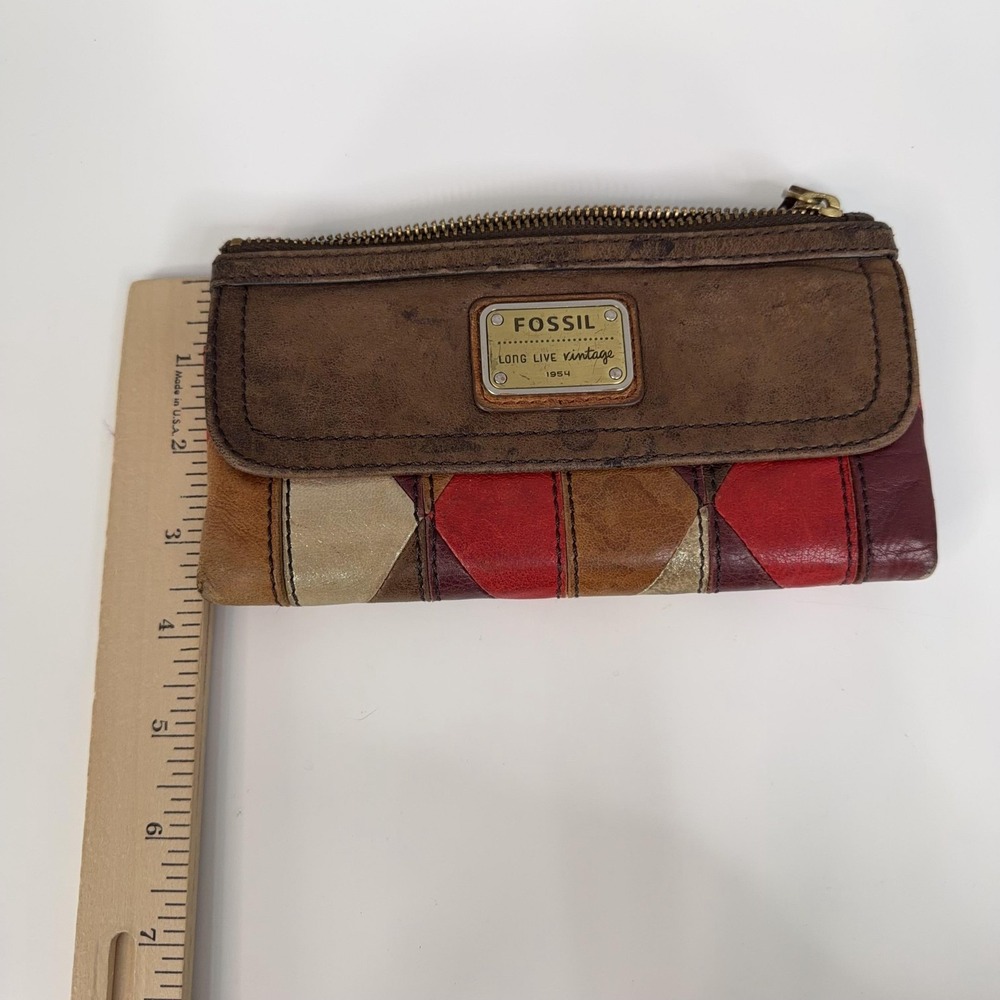 Fossil Wallet Womens Brown Leather Cowhide Patchwork Clutch Long Live Vintage - Picture 10 of 10